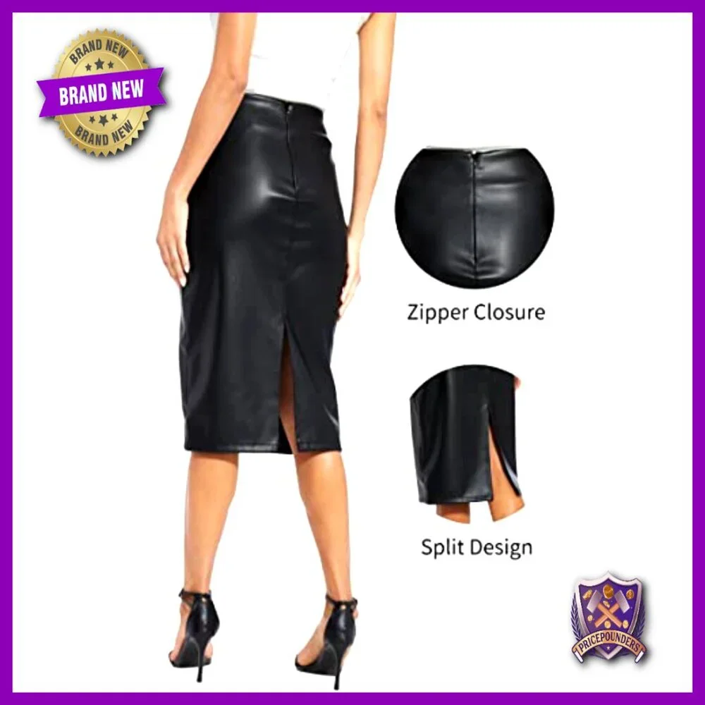 Faux Leather Pencil Skirt High Waist Knee Length Zip Closure Plus Size - Picture 6 of 6